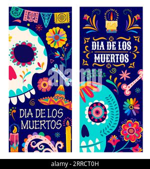 Banner von Day of the Dead Dia de Los Muertos mexikanischer Feiertag mit Sugar Skulls Vektormuster. Cartoon-Calavera-Skelette, Blumen und Kerzen, Sombrero-Hüte, Knochen und Papel-Picado-Flaggen Stock Vektor
