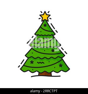 Geschmückter grüner Weihnachtsbaum mit Stern auf dem Symbol in der oberen Linie. Vector immergrüne Kiefer Tanne mit Girlanden und Schneeflocken, Weihnachtsneujahr Symbol Stock Vektor