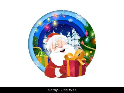 Weihnachtsmann in Papierschnitt mit Geschenk in den Händen, Vektor Winterferien Doppelausstellung. Weihnachtsgrüßkarte in Papierzuschnitt- oder Ausschnittschichten mit Weihnachtsmann-Blinzeln bei Weihnachtsbaumbeleuchtung Stock Vektor