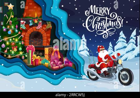 weihnachtsmann auf dem Fahrrad und Kamin im Inneren. Vector Xmas Grußkarte mit coolem Vater Noel tragen Helm und rotes Kostüm Motorrad und Haus mit Kamin, Geschenken und Baum Stock Vektor