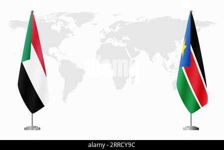 Sudan und Südsudan Flaggen für offizielles Treffen vor dem Hintergrund der Weltkarte. Stock Vektor