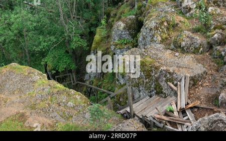 Gebrochene Holztreppe auf einem verlassenen Pfad in einem Bergwald Stockfoto