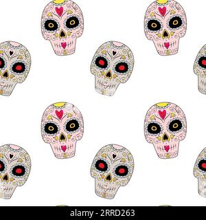 Endloses Muster aus farbenfrohem Sugar Skull mit abstraktem Muster. Alles Gute für Dia de los muertos. Mexiko. EPS. Vektordesign für Verpackung, Poster, Banner, Gruß- oder Einladungskarten, Preisschild, Etikett oder Web Stock Vektor