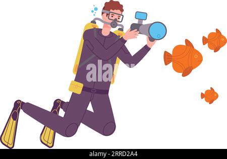 Unterwassertaucher machen Fotos von Fischen. Schwimmender Fotograf isoliert auf weißem Hintergrund Stock Vektor