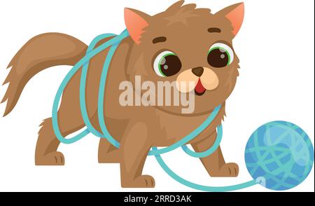 Katze spielt mit Garnball. Lustige Tierfigur isoliert auf weißem Hintergrund Stock Vektor