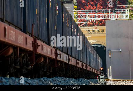 211204 -- MENGLA, 4. Dezember 2021 -- Foto vom 4. Dezember 2021 zeigt einen internationalen Güterzug nach Laos, der durch den Freundschaftstunnel an der Grenze zwischen China und Laos fährt. Die China-Laos-Bahn, ein Meilenstein für eine hochwertige Zusammenarbeit im Bereich Gürtel und Straße, nahm am Freitag ihren Betrieb auf. Die elektrifizierte Personen- und Güterbahn verläuft 1.035 Kilometer, davon 422 Kilometer in Laos, von der Stadt Kunming, südwestchinesische Provinz Yunnan, bis zur laotischen Hauptstadt Vientiane. CHINA-YUNNAN-LAOS-EISENBAHN-GÜTERZUG CN JIANGXWENYAO PUBLICATIONXNOTXINXCHN Stockfoto