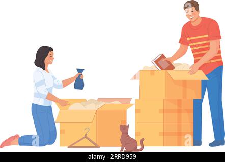 Mann und Frau packen Dinge in Kartons. Paar Umzug Haus isoliert auf weißem Hintergrund Stock Vektor
