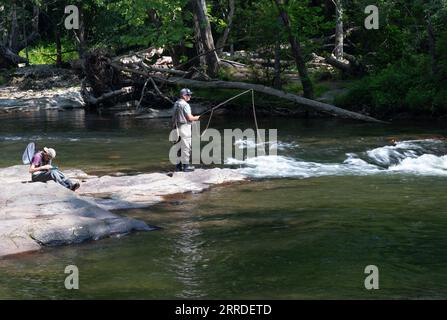 Zwei Leute, vielleicht ein Vater und ein Sohn, fliegen in einem Flussbett in den großen rauchigen Bergen fischen. Stockfoto