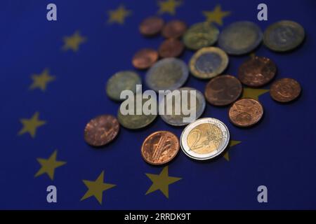 211231 -- BRÜSSEL, 31. Dezember 2021 -- Euro-Münzen sind in Brüssel, Belgien, 30. Dezember 2021 zu sehen. Euro-Banknoten und -Münzen wurden am 1. Januar 2002 physisch in die Länder der Eurozone eingeführt. Im kommenden neuen Jahr 2022 jährt sich die Einführung des Euro zum 20. Mal. EUROPA-EURO-WÄHRUNG-20 Jahre ZhengxHuansong PUBLICATIONxNOTxINxCHN Stockfoto