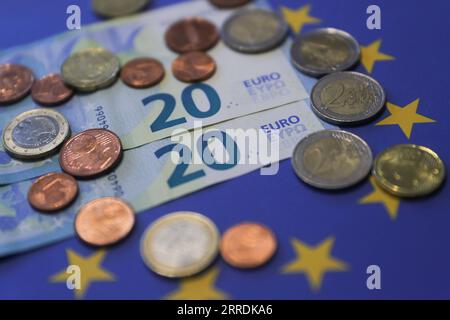 211231 -- BRÜSSEL, 31. Dezember 2021 -- Euro-Banknoten und -Münzen sind in Brüssel, Belgien, 30. Dezember 2021 zu sehen. Euro-Banknoten und -Münzen wurden am 1. Januar 2002 physisch in die Länder der Eurozone eingeführt. Im kommenden neuen Jahr 2022 jährt sich die Einführung des Euro zum 20. Mal. EUROPA-EURO-WÄHRUNG-20 Jahre ZhengxHuansong PUBLICATIONxNOTxINxCHN Stockfoto