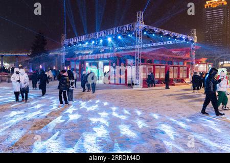 220102 -- HARBIN, 2. Januar 2022 -- Menschen besichtigen den Stalin Park nach einem Schneefall in Harbin, nordöstliche Provinz Heilongjiang, 1. Januar 2022. CHINA-HEILONGJIANG-HARBIN-SNOWFALL CN XiexJianfei PUBLICATIONxNOTxINxCHN Stockfoto