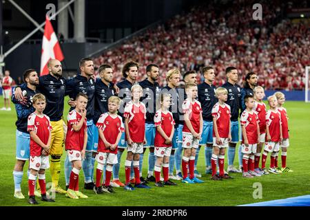 Kopenhagen, Dänemark. September 2023. Die Spieler von San Marino treten für das Qualifikationsspiel zur UEFA Euro 2024 zwischen Dänemark und San Marino in Parken in Kopenhagen an. (Foto: Gonzales Photo/Alamy Live News Stockfoto