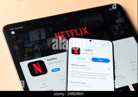 New York, USA - 24. August 2023: Netflix-App auf Ipados und google Store auf Smartphone und ipad-Bildschirm Nahansicht Stockfoto