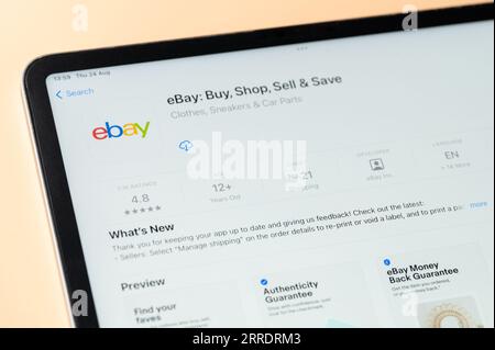 New York, USA – 24. August 2023: EBay-App im Apple Store auf dem ipad Tablet-Bildschirm Nahansicht Stockfoto