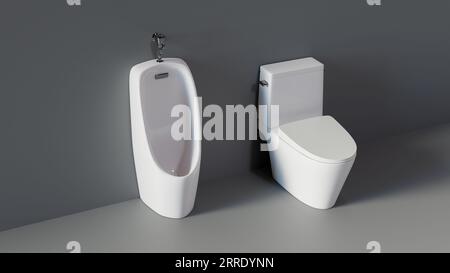 Hintergrund mit Urinal und Toilette auf einfachem Farbhintergrund, 3D-Rendering Stockfoto