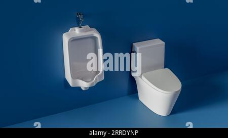 Hintergrund mit Urinal und Toilette auf einfachem Farbhintergrund, 3D-Rendering Stockfoto
