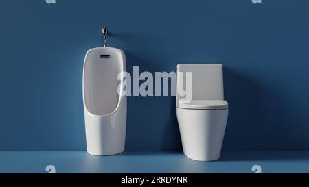 Hintergrund mit Urinal und Toilette auf einfachem Farbhintergrund, 3D-Rendering Stockfoto