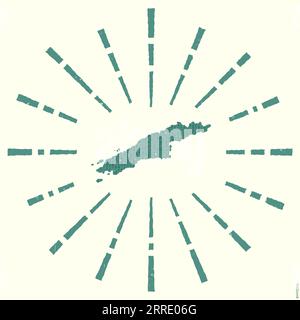 Hydra-Logo. Grunge Sunburst Poster mit Karte der Insel. Form der Hydra gefüllt mit Hexziffern mit Sonnenstrahlen. Stock Vektor