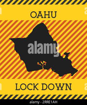 Oahu Lockdown-Schild. Gelbes Symbol für Pandemiegefahr auf der Insel. Vektorabbildung. Stock Vektor