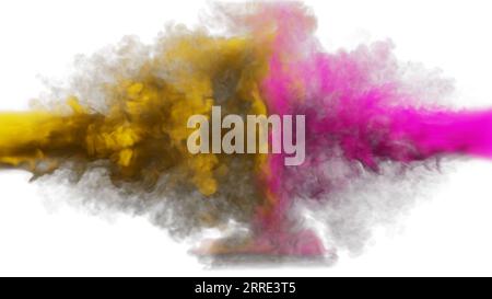 Orangefarbener und rosafarbener Rauch stoßen auf einen weißen Hintergrund. 3D Abbildung. Stockfoto