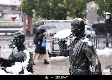220207 -- NANJING, 7. Februar 2022 -- Foto aufgenommen am 7. Februar 2022 zeigt Straßenskulpturen inmitten von Schnee in Nanjing, der ostchinesischen Provinz Jiangsu. CHINA-JIANGSU-NANJING-SNOW CN JixChunpeng PUBLICATIONxNOTxINxCHN Stockfoto