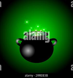 Happy Halloween, Hexenkessel Zaubertrank, grün leuchtender Farbverlauf 3D Vektor EPS10. Stock Vektor
