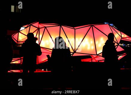 220218 -- LONDON, 18. Februar 2022 -- die Leute sehen eine Installation namens Digital Origami Tiger während des Lichtfestivals im Battersea Power Station in London, Großbritannien, 17. Februar 2022. Das Light Festival findet vom 13. Januar bis zum 27. Februar 2022 statt. GROSSBRITANNIEN-LONDON-BATTERSEA KRAFTWERK-LICHT-FESTIVAL LIXYING PUBLICATIONXNOTXINXCHN Stockfoto