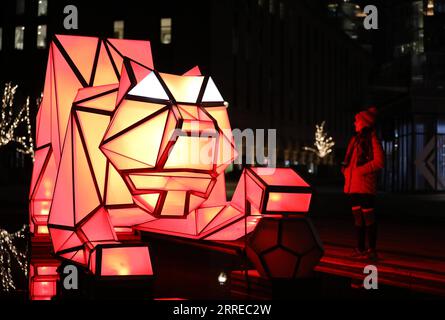 220218 -- LONDON, 18. Februar 2022 -- Ein Besucher sieht eine Installation namens Digital Origami Tiger während des Lichtfestivals am Battersea Power Station in London, Großbritannien, 17. Februar 2022. Das Light Festival findet vom 13. Januar bis zum 27. Februar 2022 statt. GROSSBRITANNIEN-LONDON-BATTERSEA KRAFTWERK-LICHT-FESTIVAL LIXYING PUBLICATIONXNOTXINXCHN Stockfoto