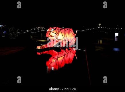 220218 -- LONDON, 18. Februar 2022 -- eine Installation namens Digital Origami Tiger wird während des Light Festivals im Battersea Power Station in London, Großbritannien, am 17. Februar 2022 gesehen. Das Light Festival findet vom 13. Januar bis zum 27. Februar 2022 statt. GROSSBRITANNIEN-LONDON-BATTERSEA KRAFTWERK-LICHT-FESTIVAL LIXYING PUBLICATIONXNOTXINXCHN Stockfoto