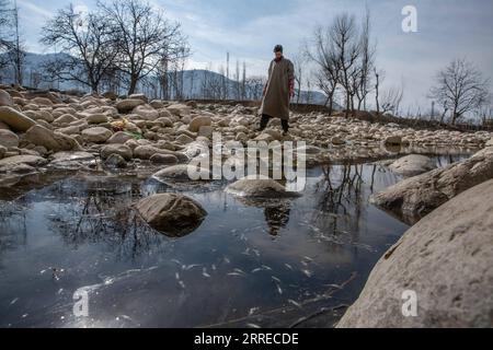 220218 -- SRINAGAR, 18. Februar 2022 -- Ein Mann beobachtet tote Fischsamen in einem Dorf im Bezirk Anantnag, etwa 94 km südlich von Srinagar, der Sommerhauptstadt des von Indien kontrollierten Kaschmirs, 18. Februar 2022. Ein vertikales Senken, das sich in der Mitte eines Flussbettes entwickelt hat, hat einen Süßwasserstrom im von Indien kontrollierten Kaschmir gefressen, sagten Beamte am Donnerstag. Das Senkenloch hat den gesamten Lauf des Bachwassers in es abgeführt und den flussabwärts gelegenen Teil trocken gelassen, wodurch Forellenfische in großer Zahl getötet wurden. Sie hat auch unermessliche Schäden an Wassertieren verursacht. KASCHMIR-SRINAGAR-VERTIKAL-SINKHOLE-GOLF Stockfoto