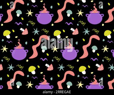 Glückliches Halloween, nahtloser Muster Hexenkessel, Zaubertrank, giftige Pilze schwarzer Hintergrund Vektor EPS10. Stock Vektor