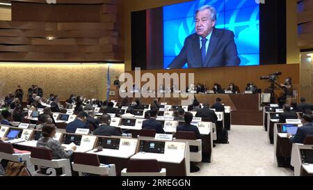 220228 -- GENF, 28. Februar 2022 Xinhua -- dieses Bild von einem Bildschirm zeigt UN-Generalsekretär Antonio Guterres in einem Video bei der Eröffnung der 49. Sitzung des UN-Menschenrechtsrates UNHRC, die im Büro der Vereinten Nationen in Genf, Schweiz, am 28. Februar 2022 stattfand. Die laufende 49. Tagung des UNHRC hat beschlossen, Ende dieser Woche eine Dringlichkeitsdebatte über die Lage in der Ukraine abzuhalten. Xinhua GENF *** 220228 GENF, 28. Februar 2022 Xinhua dieses Bild auf einem Bildschirm zeigt UNO-Generalsekretär Antonio Guterres in einem Video bei der Eröffnung der 49 Stockfoto