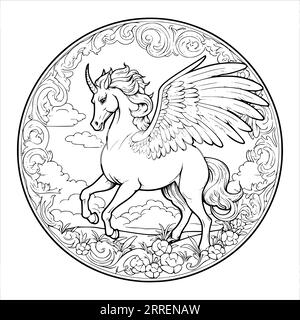 Wunderschöne Unicorn Pegasus Malseiten Für Kinder Stock Vektor