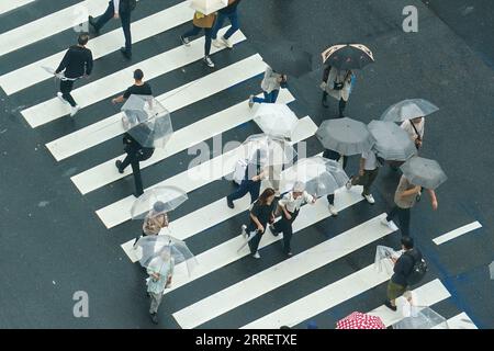 Tokio, Japan. September 2023. Am 8. September 2023 überqueren die Menschen eine vielbefahrene Kreuzung im Tokyos Shibuya-Bezirk. Japans Wirtschaftswachstum für April-Juni wurde mit einer jährlichen realen Rate von 4,8 Prozent berichtet, die von den zuvor angegebenen 6,0 Prozent herabgestuft wurde, wie die Ankündigung des Kabinettsbüros am Freitag mitteilte. Diese Anpassung wurde durch gedämpfte Investitionsausgaben und privaten Konsum beeinflusst. Quelle: AFLO/Alamy Live News Stockfoto