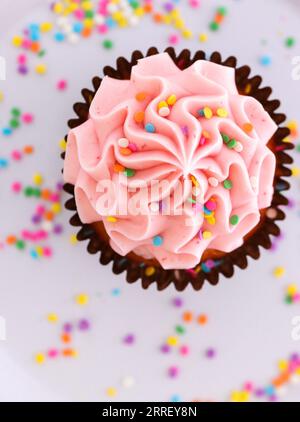 Vanille-Cupcake mit rosafarbenem Frosting und Bonbonstreuseln Stockfoto
