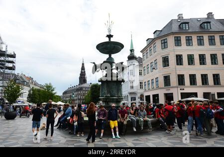 Der Storchenbrunnen ist mit Vögeln und Fröschen an der Amagertorv Fußgängerzone in Kopenhagen, Dänemark, dekoriert. Stockfoto