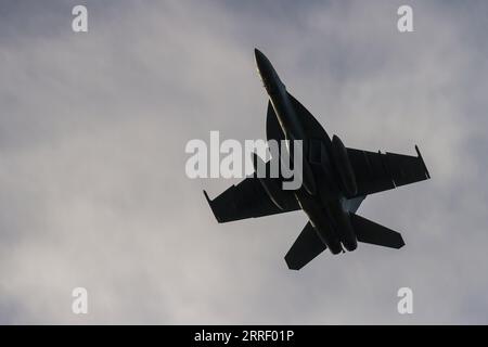 Japan. November 2022. Boeing F/A-18E Super Hornet mit der United States Navy, die in der Nähe der Naval Air Facility, dem Luftwaffenstützpunkt Atsugi, fliegt. Das 47. Japanisch-amerikanische Freundschaftsfestival ist ein jährlich stattfindendes zweitägiges Festival, auf dem statische und fliegende Ausstellungen von Flugzeugen der US Military and Japanese Self-Defence Force (JSDF) gezeigt werden. Dieses Festival findet auf dem Yokota Airbase in Fussa statt. (Bild: © Damon Coulter/SOPA Images via ZUMA Press Wire) NUR REDAKTIONELLE VERWENDUNG! Nicht für kommerzielle ZWECKE! Stockfoto