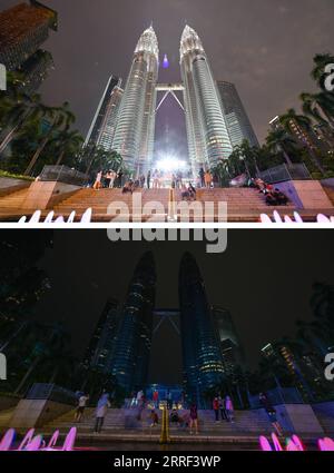 220326 -- KUALA LUMPUR, 26. März 2022 -- Combo-Foto zeigt die Petronas Twin Towers und ihre nahegelegenen Gebäude vor dem Gipfel und während der Earth Hour in Kuala Lumpur, Malaysia am 26. März 2022. Foto von /Xinhua MALAYSIA-KUALA LUMPUR-EARTH HOUR ChongxVoonxChung PUBLICATIONxNOTxINxCHN Stockfoto