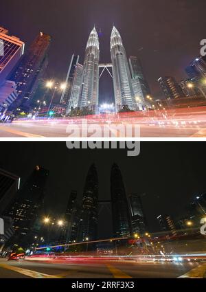 220326 -- KUALA LUMPUR, 26. März 2022 -- Combo-Foto zeigt die Petronas Twin Towers und ihre nahegelegenen Gebäude vor dem Gipfel und während der Earth Hour in Kuala Lumpur, Malaysia am 26. März 2022. Foto von /Xinhua MALAYSIA-KUALA LUMPUR-EARTH HOUR ChongxVoonxChung PUBLICATIONxNOTxINxCHN Stockfoto