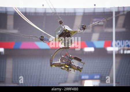 Paris, Frankreich. September 2023. Spider Cam während des Kapitänslaufs des Teams France im Stade de France am 7. September 2023 in Paris. Foto: Baptiste PaquotABACAPRESS.COM Credit: Abaca Press/Alamy Live News Stockfoto