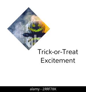 Komposition aus Trick or Treat Experience Text und halloween Kürbis auf weißem Hintergrund Stockfoto