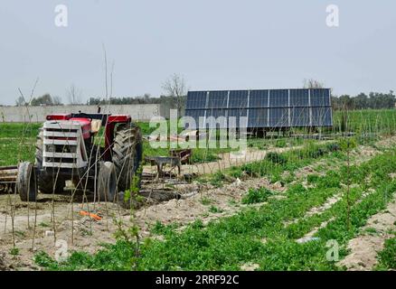 220406 -- DAMASKUS, 6. April 2022 -- Sonnenkollektoren werden am 5. April 2022 auf einer Farm in der östlichen Landschaft von Damaskus, Syrien, gesehen. Die örtlichen Landwirte haben aufgrund des fehlenden Stroms im Land auf eine saubere alternative Stromversorgung zurückgegriffen. Foto von /Xinhua SYRIA-DAMASCUS-FARMERS-ALTERNATIVE-POWER AmmarxSafarjalani PUBLICATIONxNOTxINxCHN Stockfoto