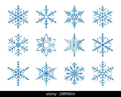 Schneeflocke für Schneedesign. Blaue Silhouette Schneeflocken isoliert auf weißem Hintergrund. Freeze-Symbol. Schneeflockensymbol. Eiskristall-Grafik. Clipart Stock Vektor