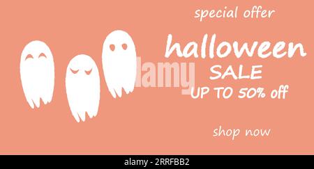 halloween einfache rosa süße Hintergrund Umrisse weiße Geister Inschrift Happy halloween 50 Rabatt Vektor eps10 Stock Vektor