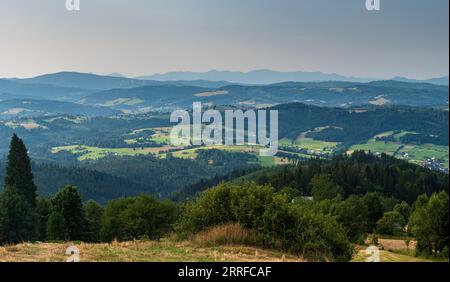 Im Sommer sind die Berge Beskid und Mala Fatra im Hintergrund von Bahenec im Slezske Beskydy-Gebirge in tschechien näher Stockfoto