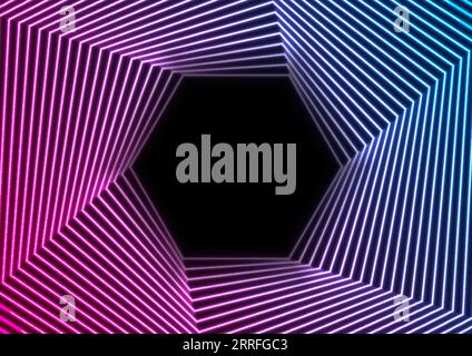 Blaue ultraviolette Neonlaserlinien Konzeptdarstellung. Geometrische Formtechnologie mit gebrochenen Sechsecken im Retro-Hintergrund. Leuchtende Beleuchtung futuristisch Stock Vektor