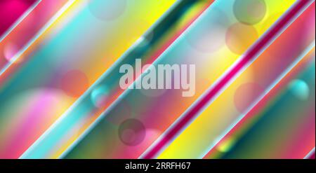 Mehrfarbige, glatte, schillernde Streifen und abstrakter Hintergrund mit Bokeh-Effektteilchen. Leuchtend glänzende Hintergrundvektorkomposition Stock Vektor