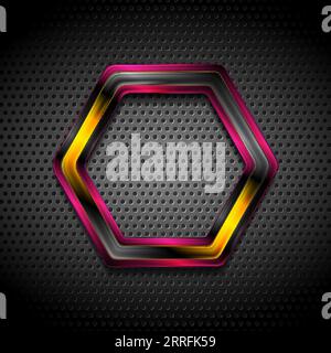 Farbenfrohes, rosafarbenes und gelbes, geometrisches Hightech-Sechseck. Perforierte Metallic-Struktur. Abstrakter Technologiehintergrund Stock Vektor