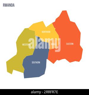 Ruandische politische Karte der Verwaltungseinheiten - Provinzen. Bunte Spektrumkarte mit Etiketten und Ländernamen. Stock Vektor