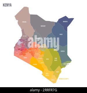 Kenia politische Karte der Verwaltungsbezirke - Grafschaften. Bunte Spektrumkarte mit Etiketten und Ländernamen. Stock Vektor